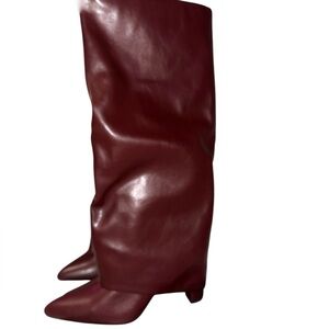 Burgundy Fold Over Knee High Boots Block Heel Size 10